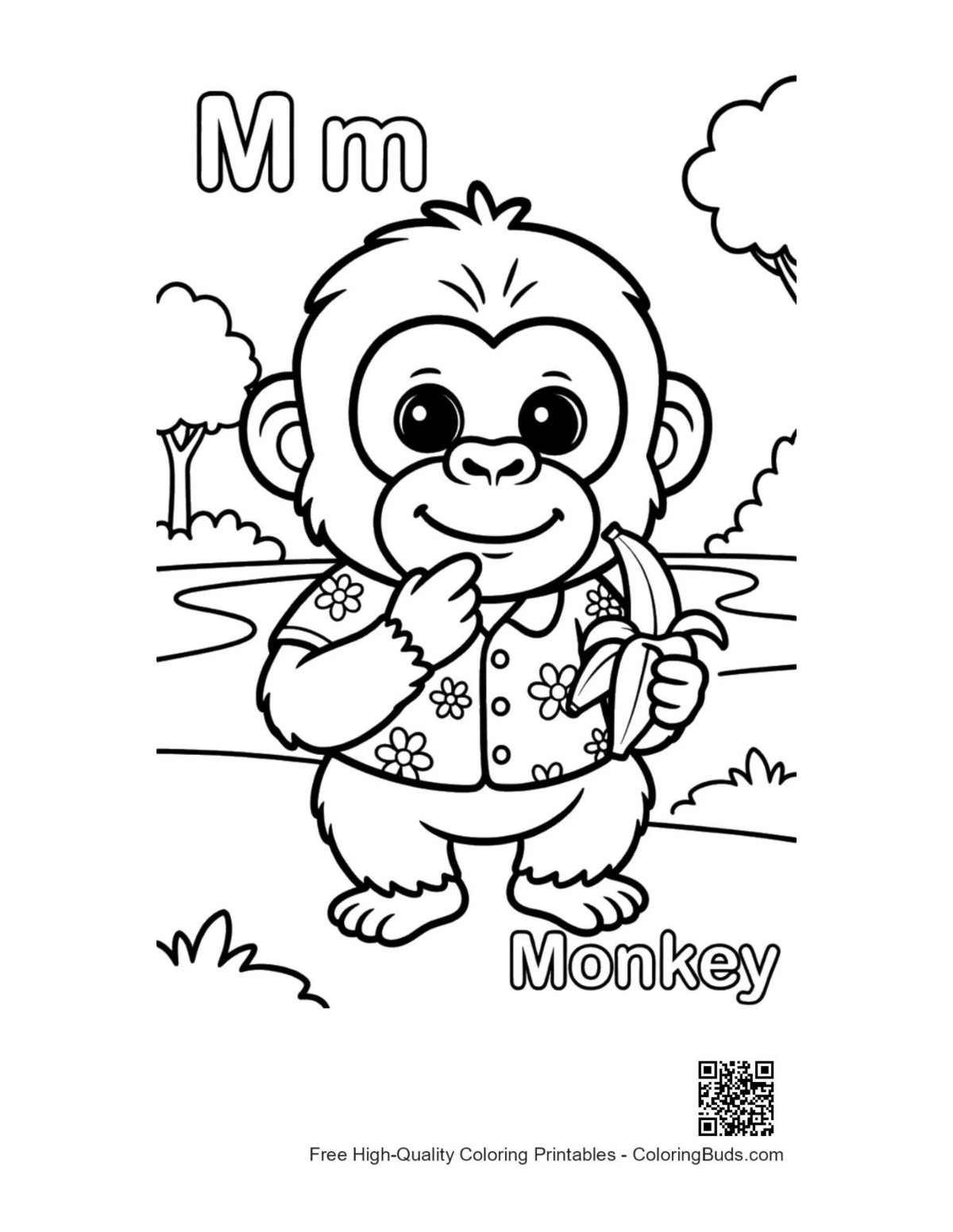 Cute baby chimp eating banana coloring page printable