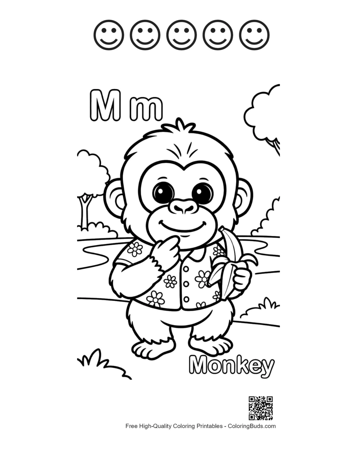 Chimpanzee page with 5 happy faces outline printable