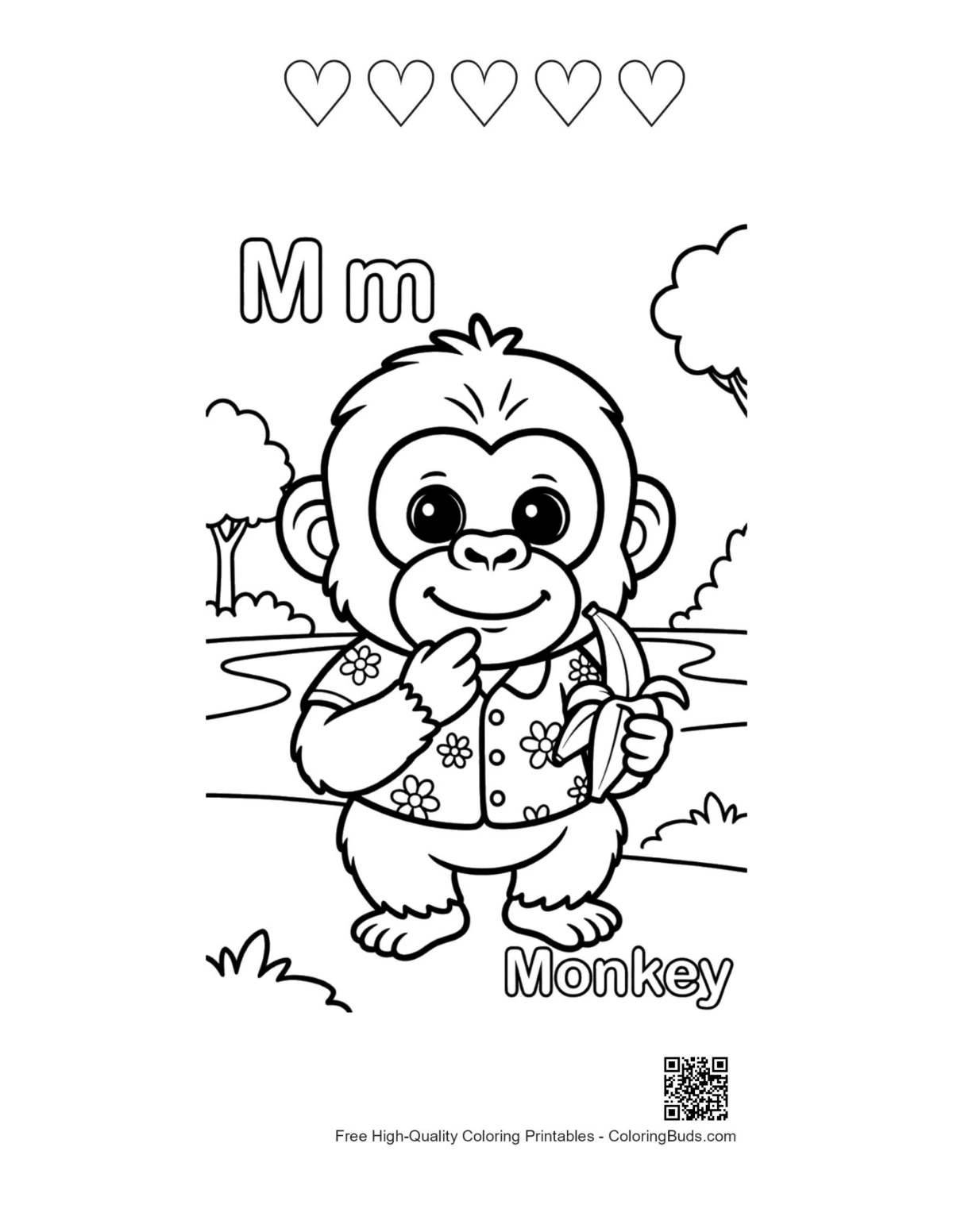 Baby chimp eating banana with 5 hearts outline printable