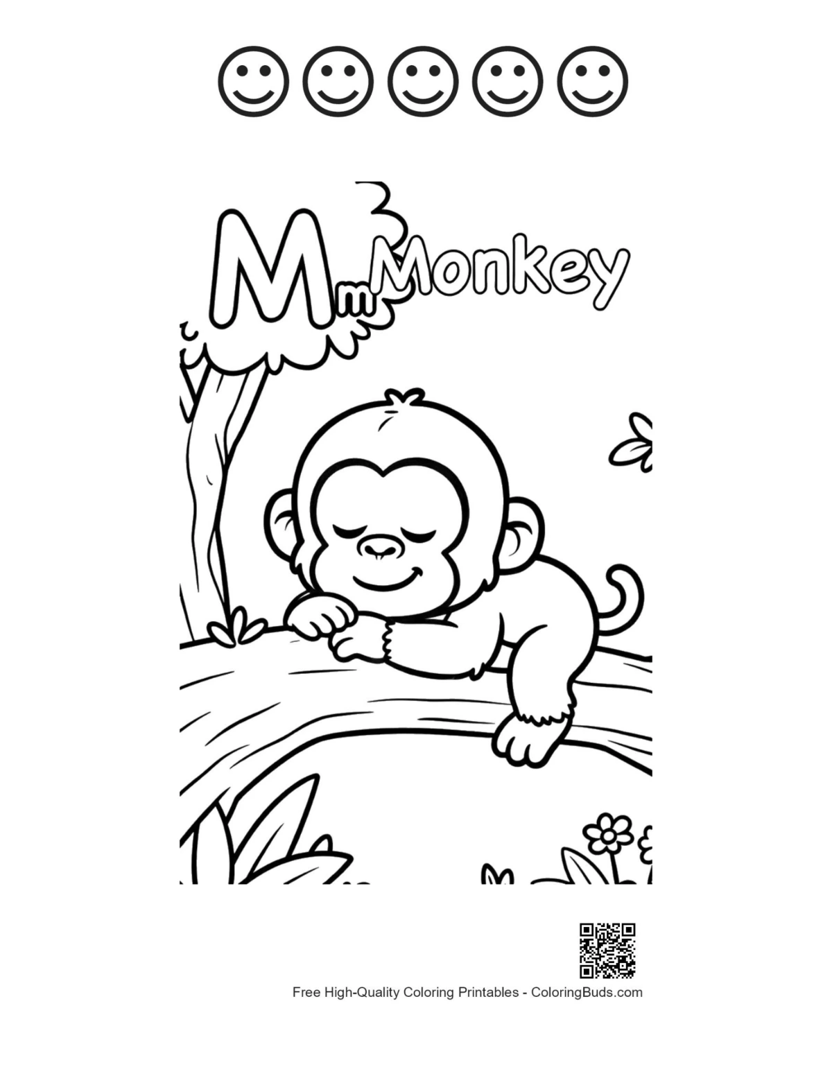 Chimpanzee printable with 5 happy face outlines for download