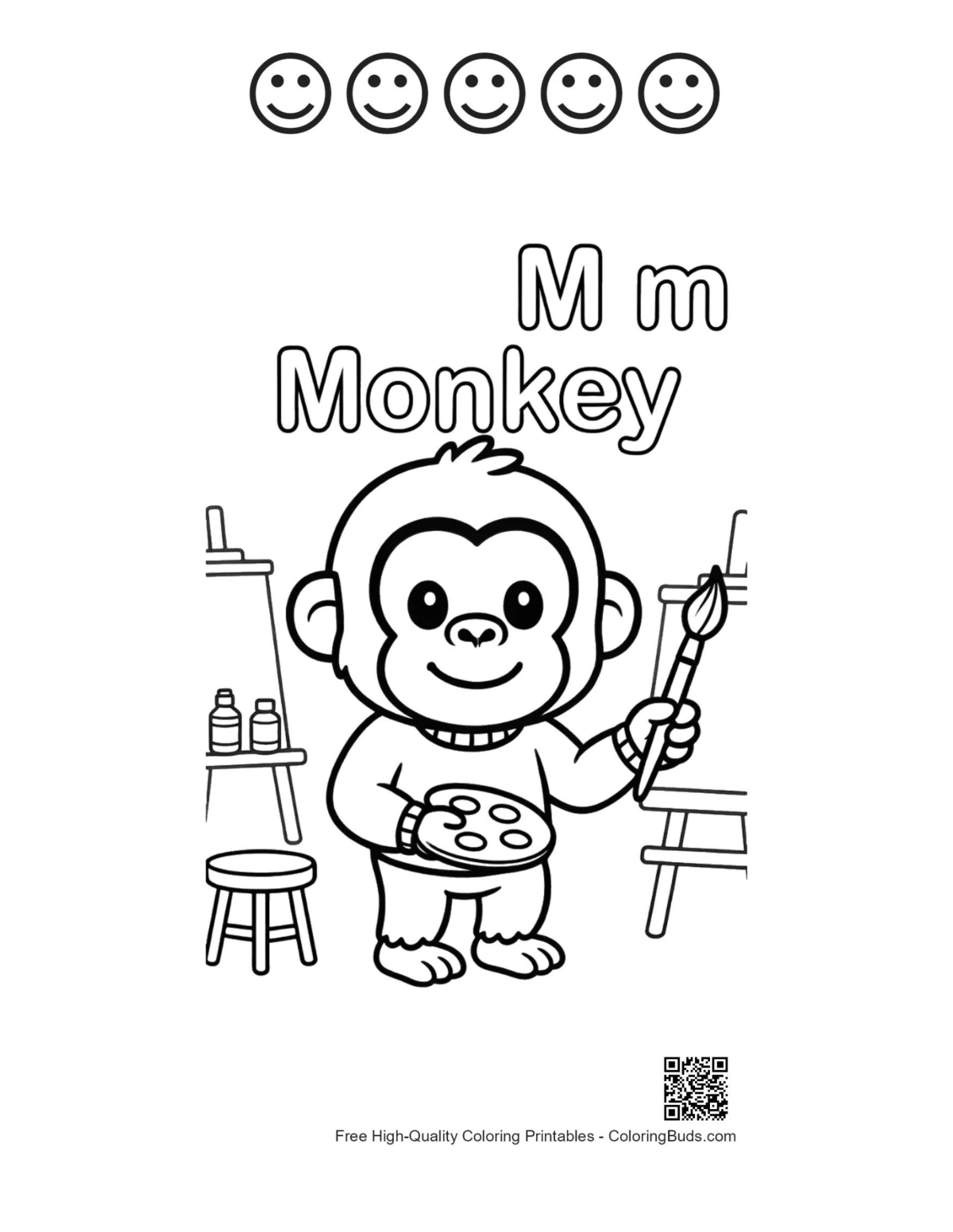 Printable chimpanzee with 5 happy faces outlines