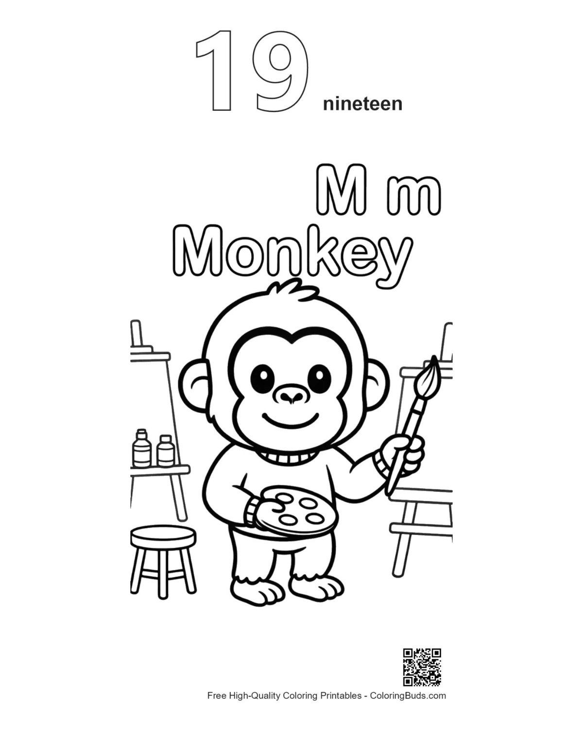 Chimpanzee coloring page outline with number 19