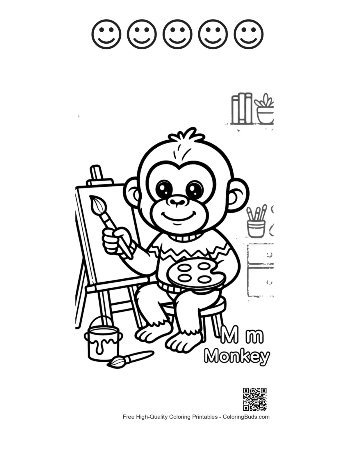 Chimpanzee coloring printable with 5 happy faces