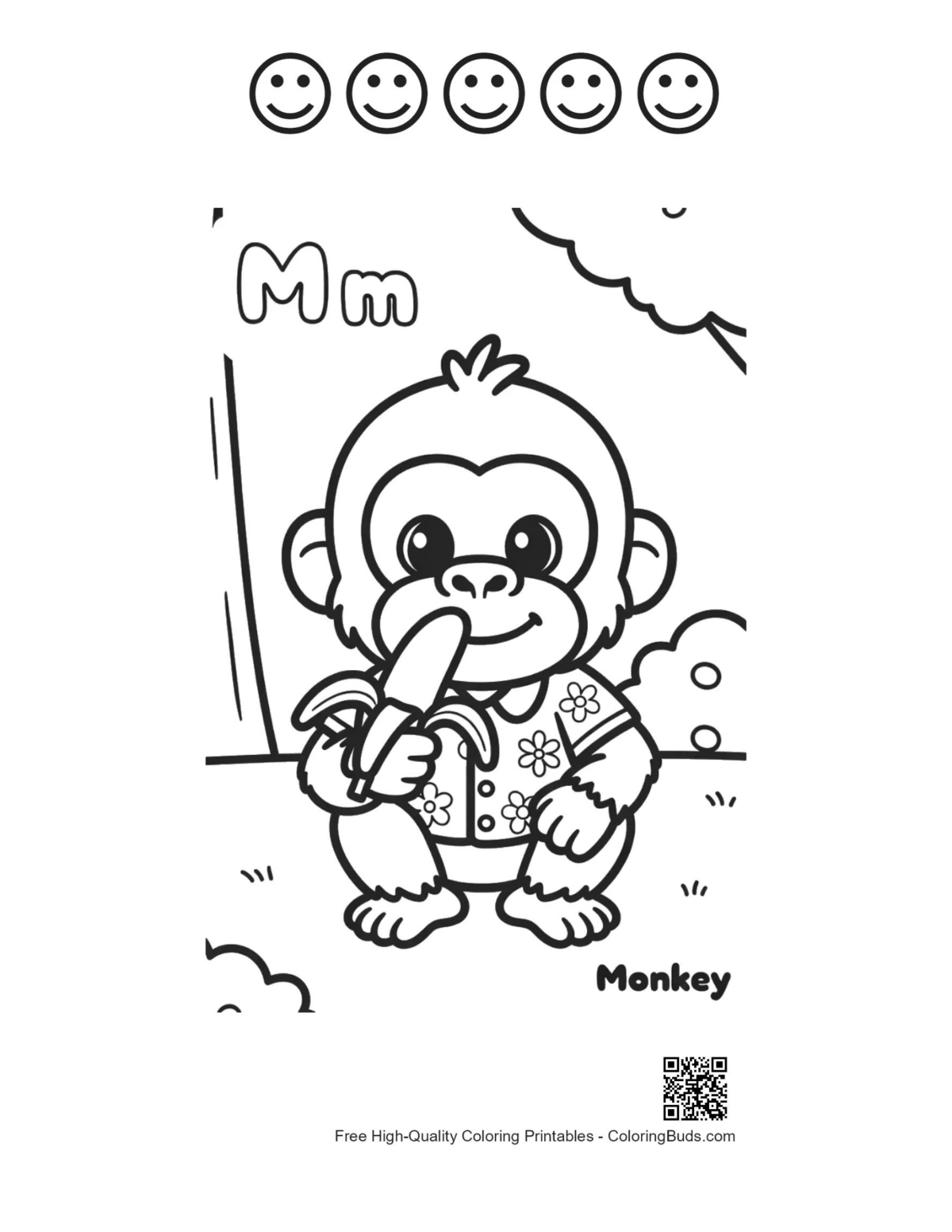 Chimpanzee printable with 5 happy faces outline