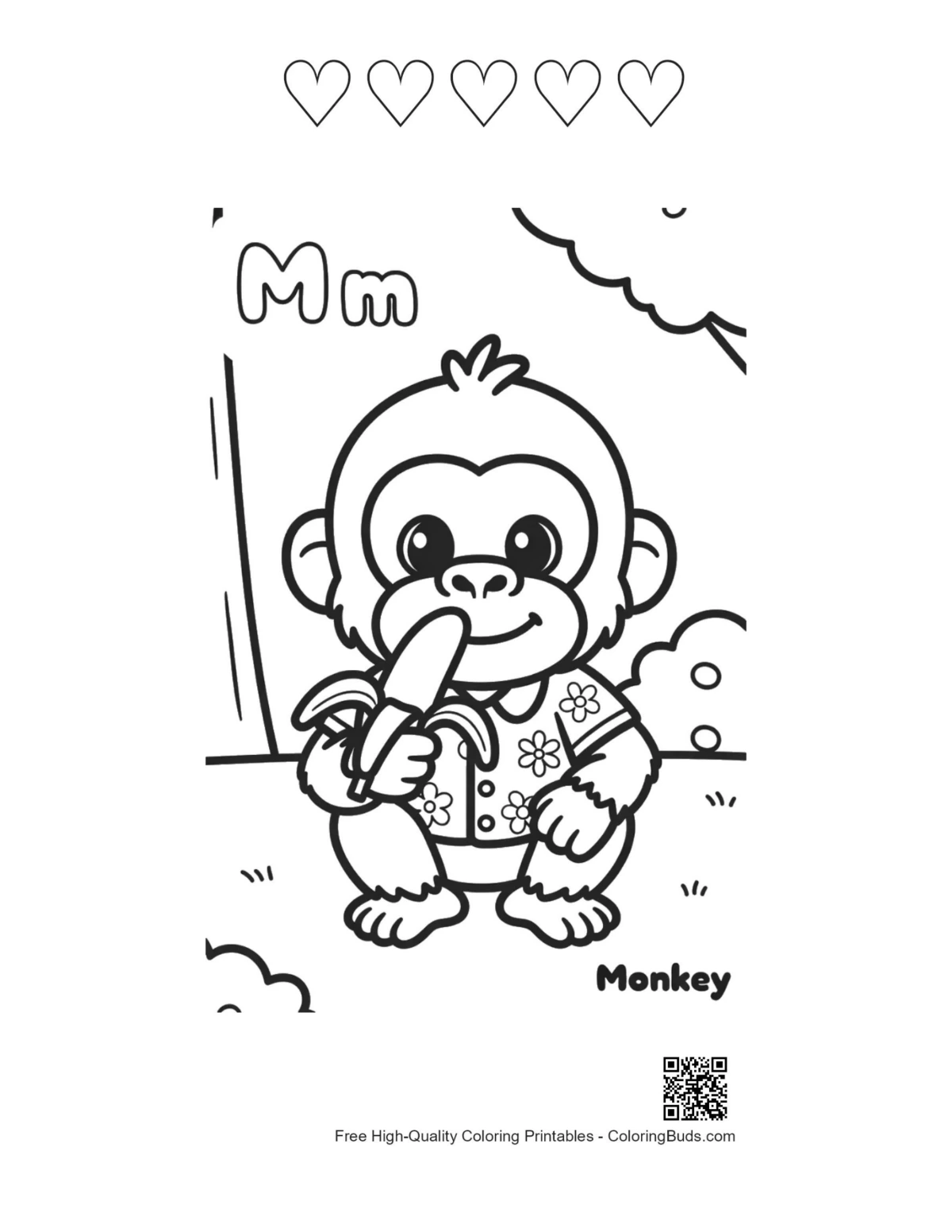 Chimpanzee peeling banana with 5 hearts printable