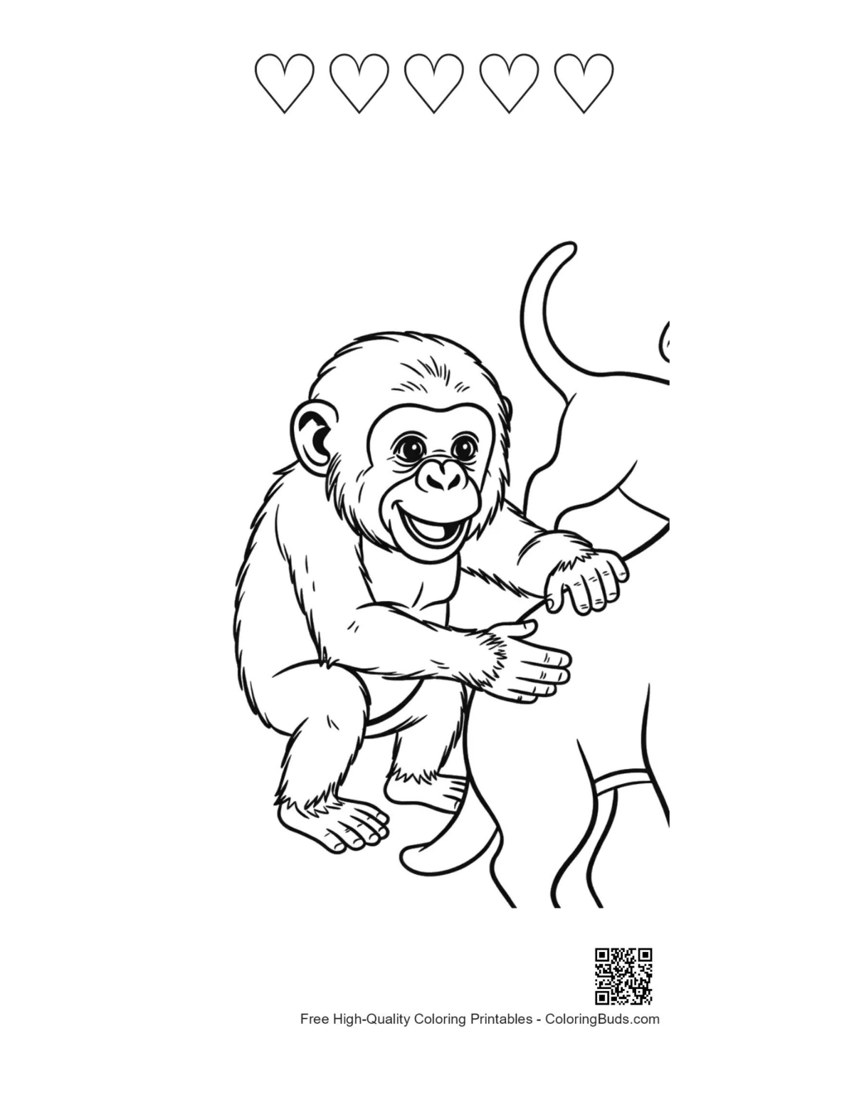 Chimpanzee hugging cat with heart outlines printable