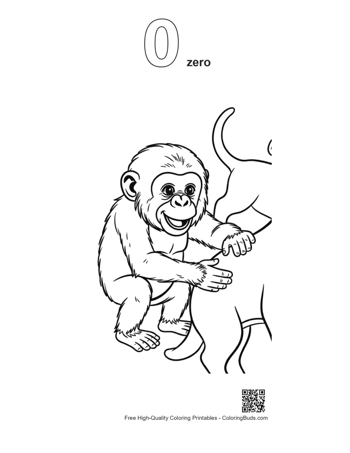 Baby chimpanzee cat hug outline numbered 0 printable