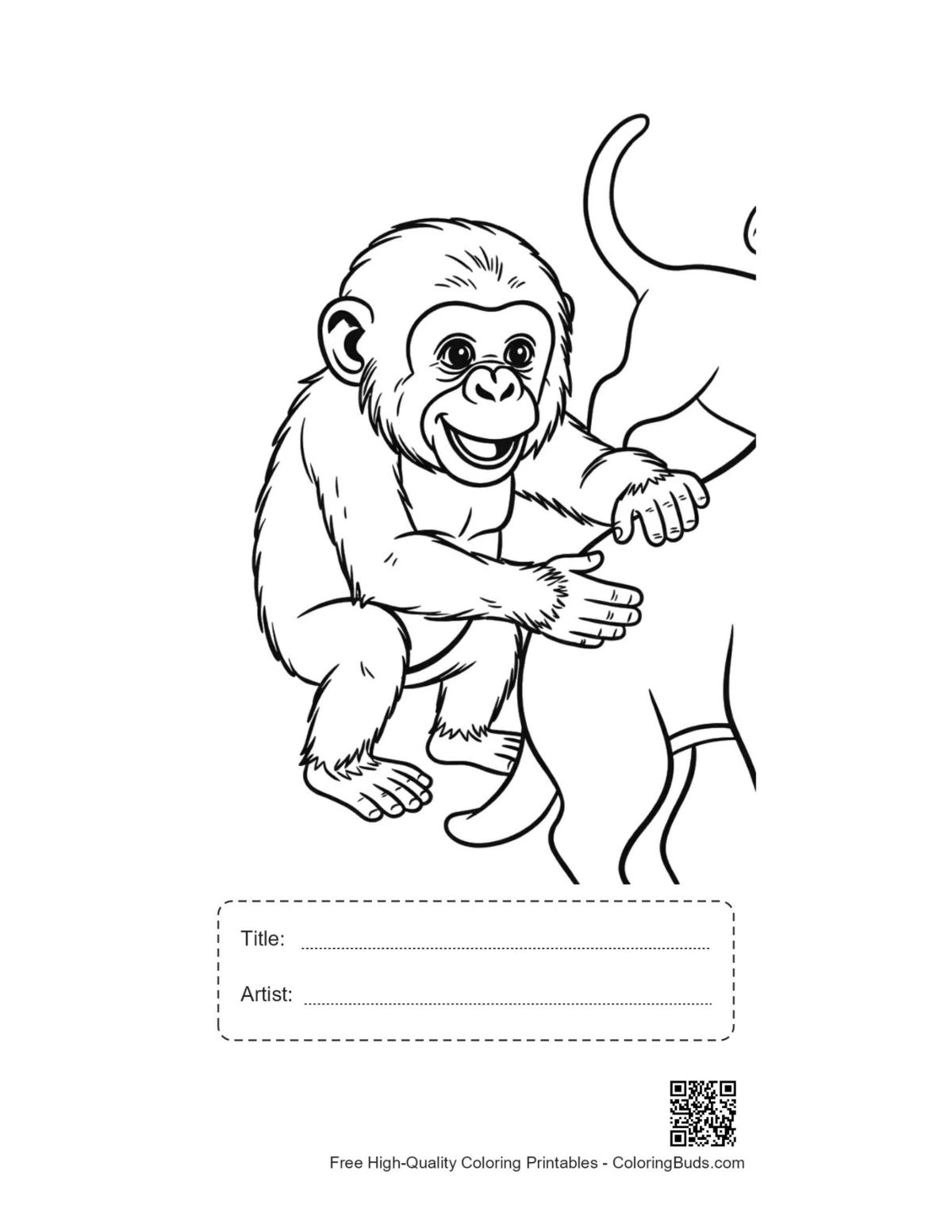 Printable baby chimpanzee hugging cat with title box