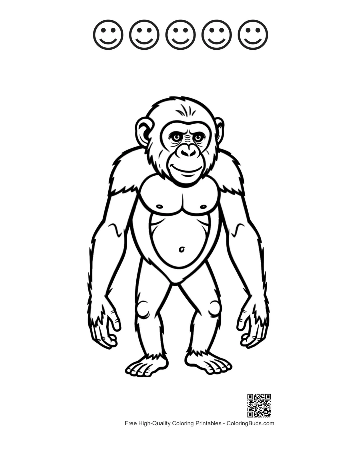 Playful chimpanzee with 5 happy faces outline printable