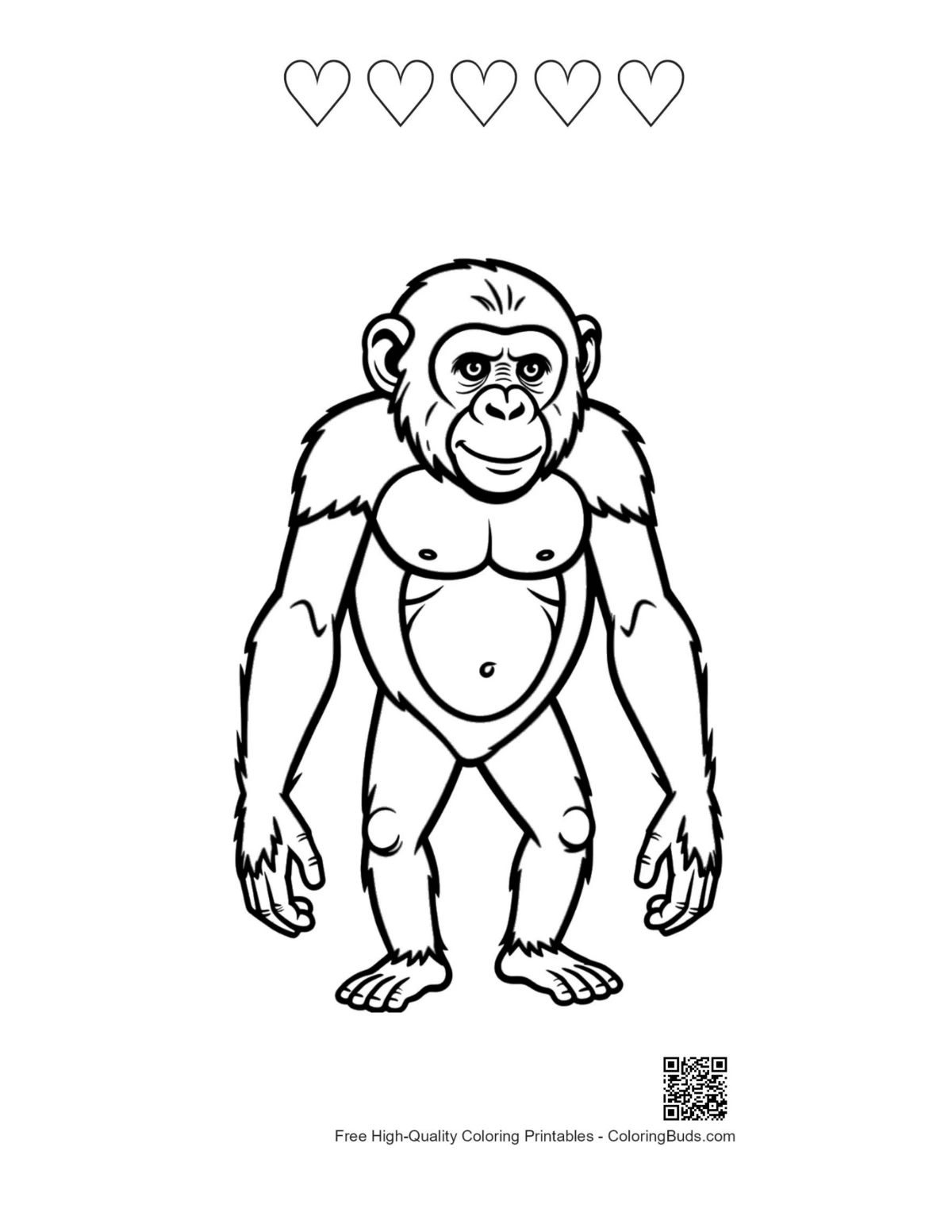 Playful chimpanzee with 5 heart outlines printable