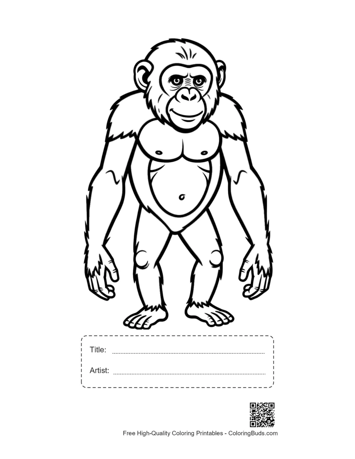 Playful chimpanzee printable with title and artist box