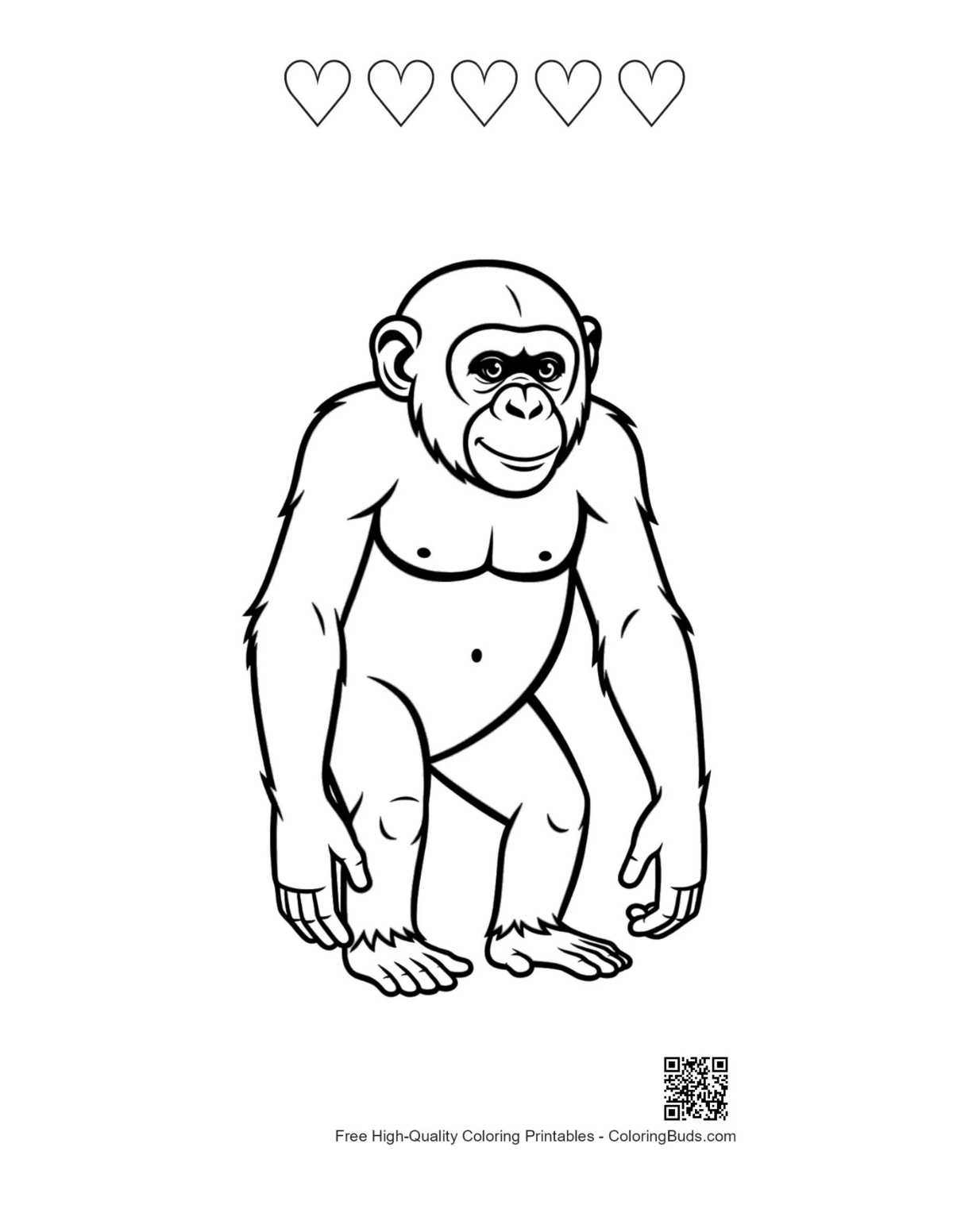 Chimpanzee with 5 heart outline printable