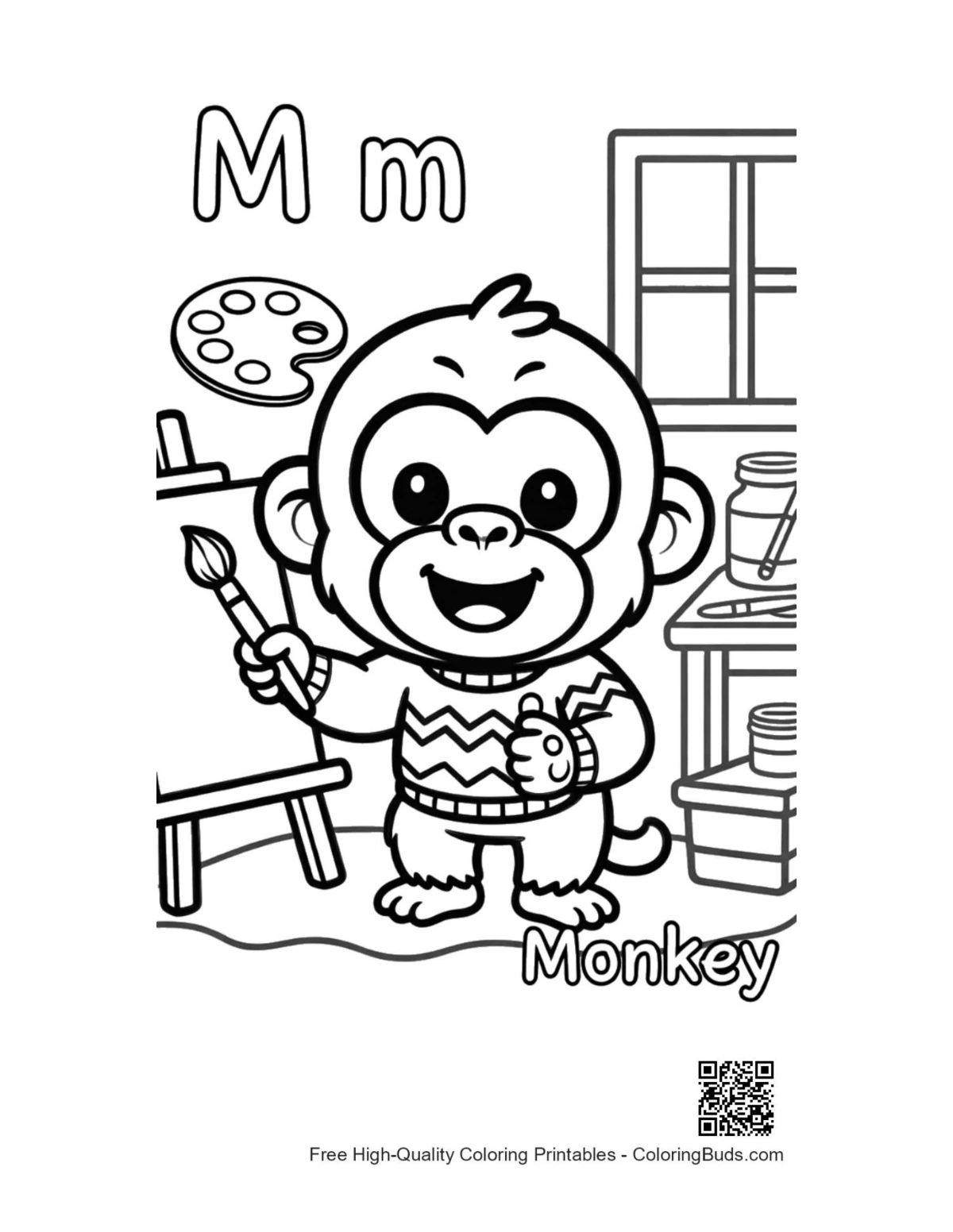 Young chimpanzee artist painting printable coloring page