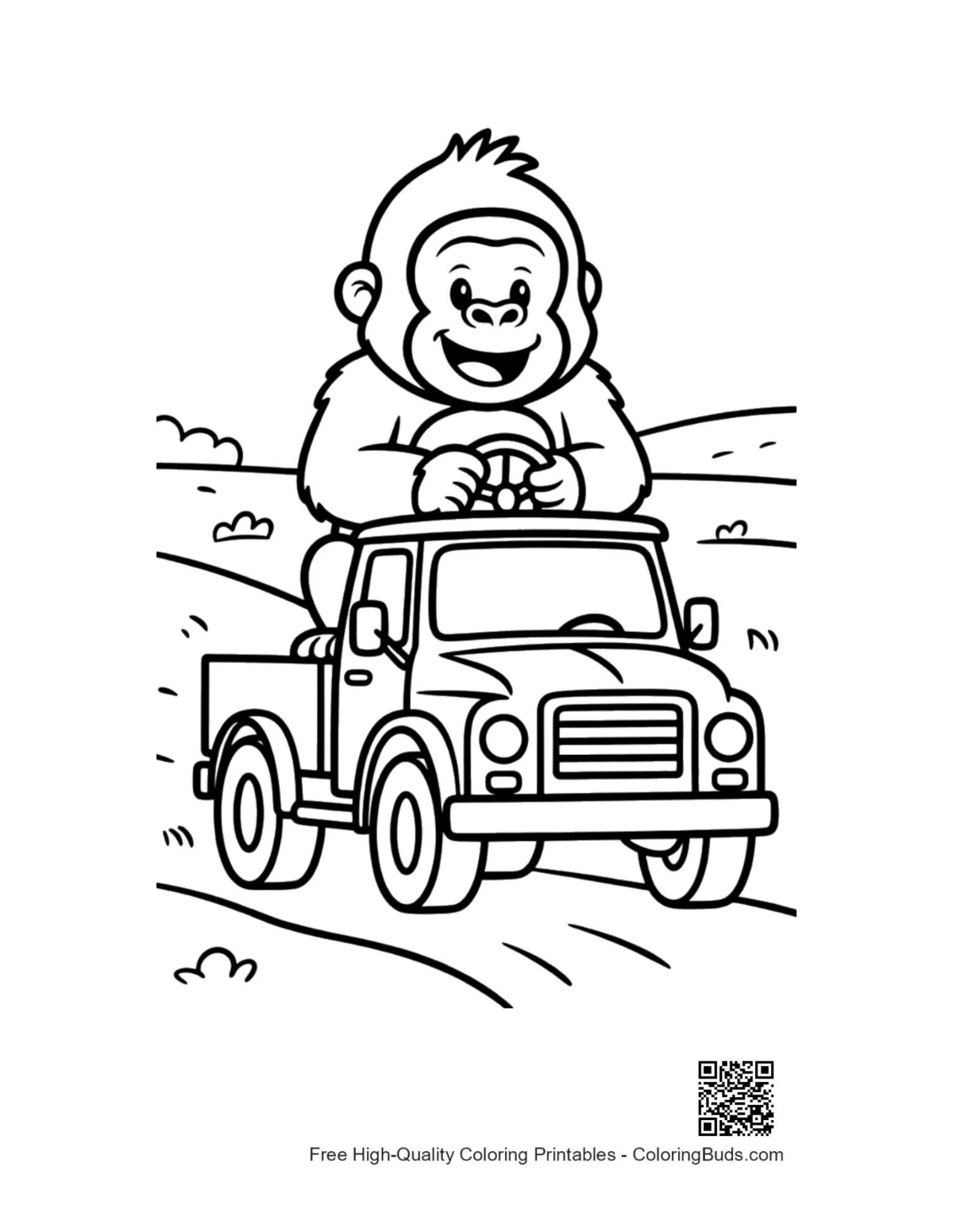 Adventurous little gorilla driving toy truck coloring page