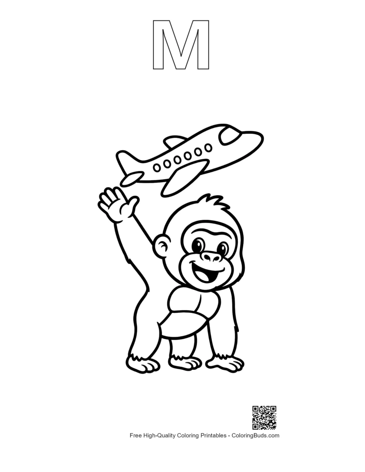 Baby gorilla waving airplane with letter M outline