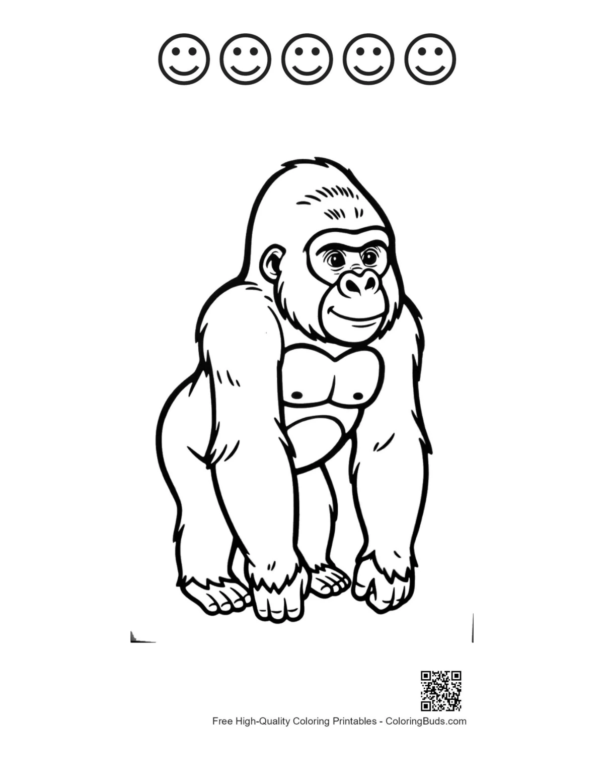 Cheerful gorilla with 5 happy faces outline printable