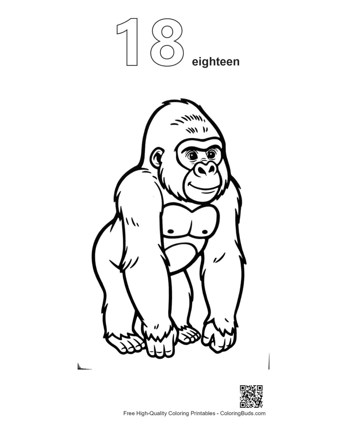 Gorilla printable outline numbered 18 proudly standing