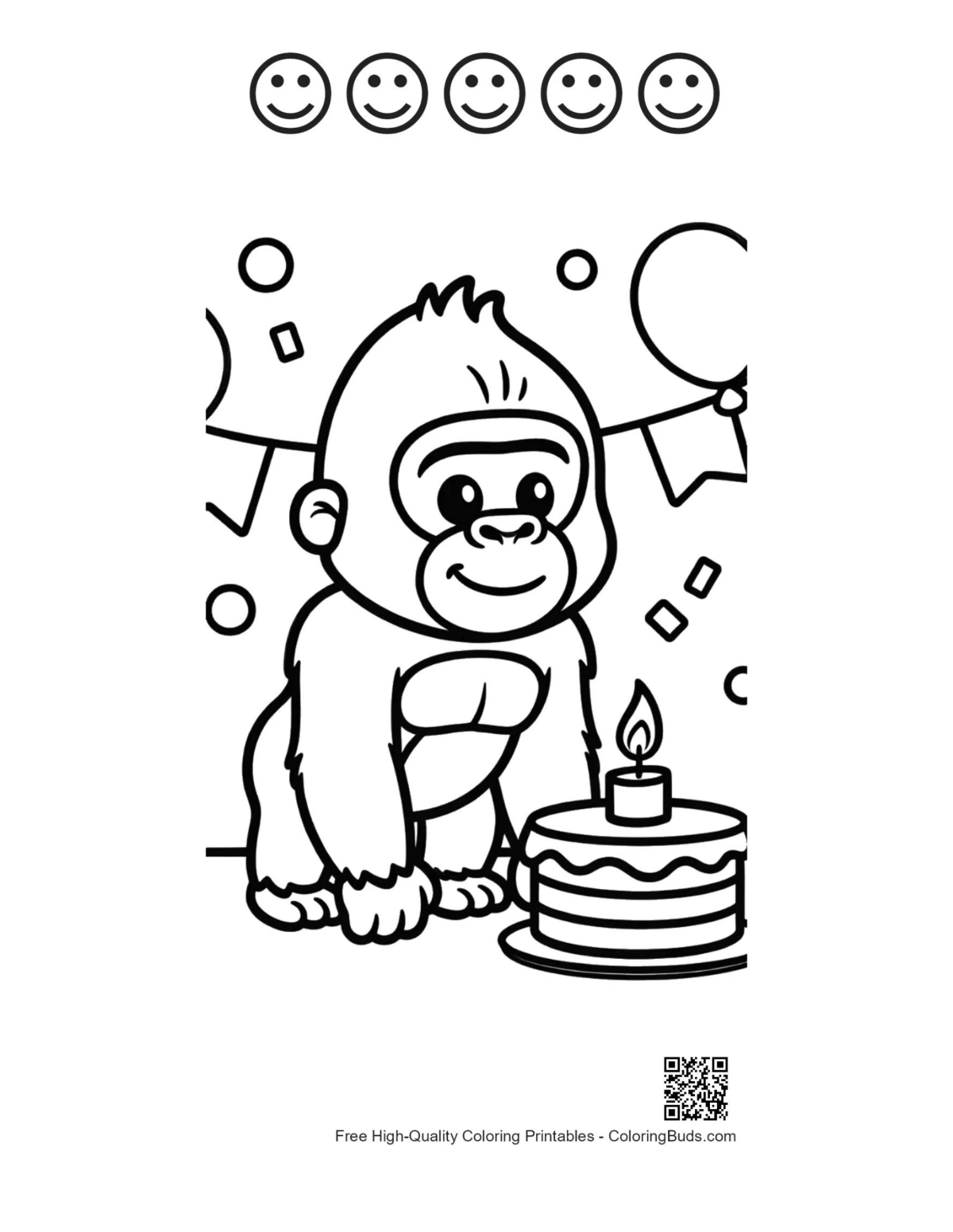 Cute gorilla printable with 5 happy faces outline