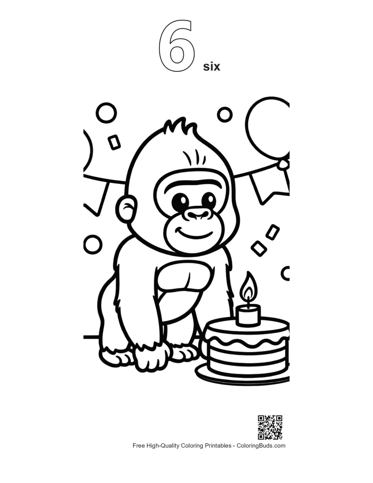 Baby gorilla birthday printable with number 6 outline