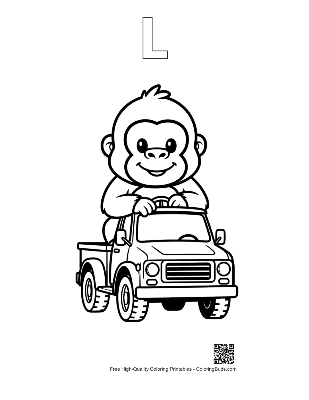 Gorilla truck coloring with alphabet L outline