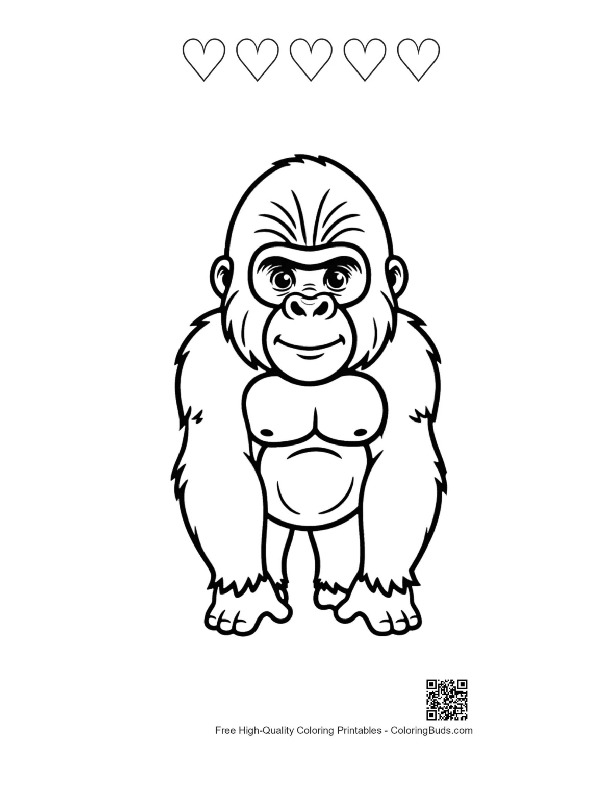Cute smiling gorilla printable with heart outlines