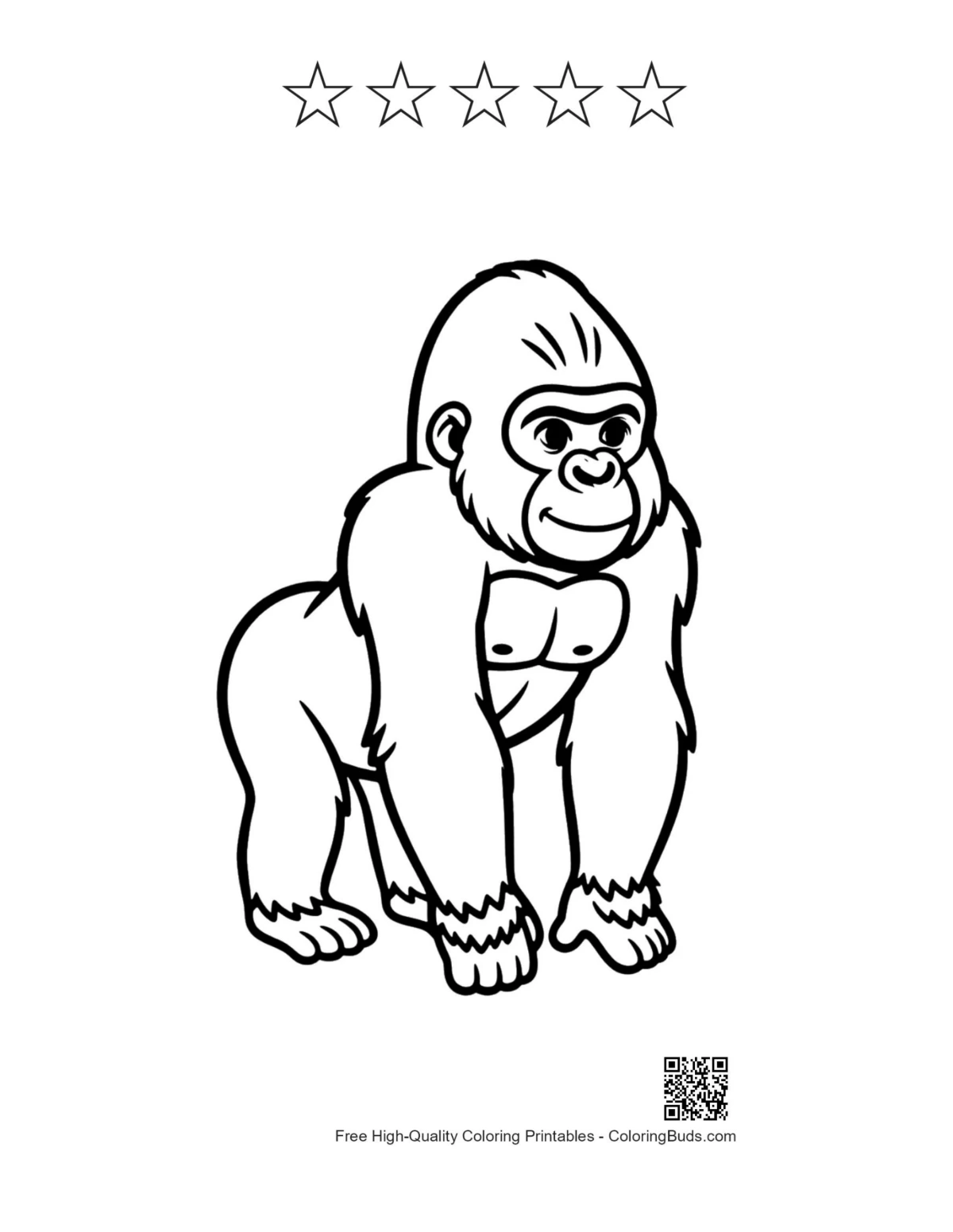 Printable cute cartoon gorilla with 5 star outlines