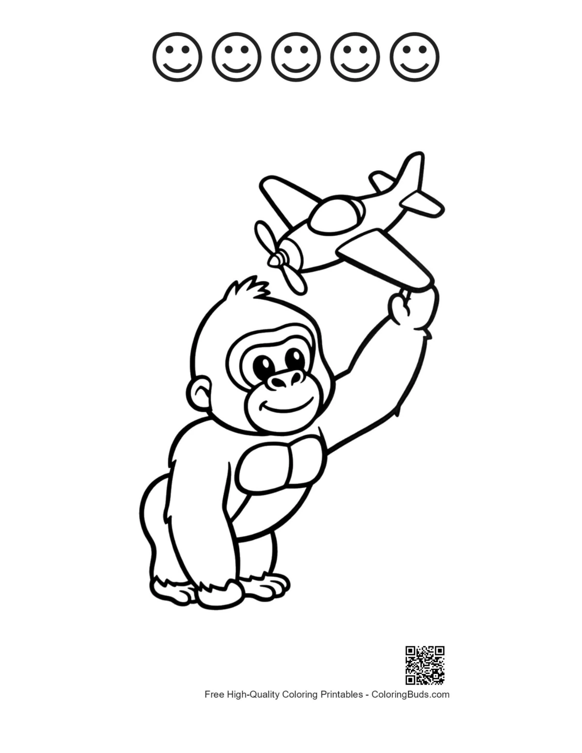 Cute gorilla and 5 happy face outline printable