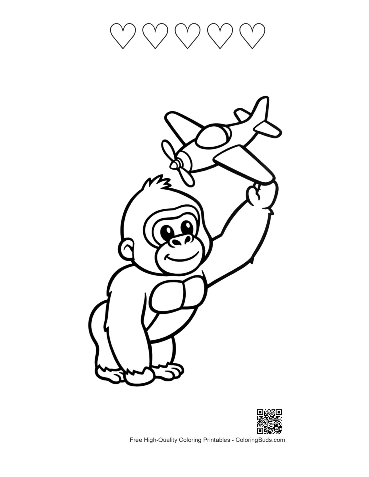 Cute gorilla printable featuring 5 heart outlines