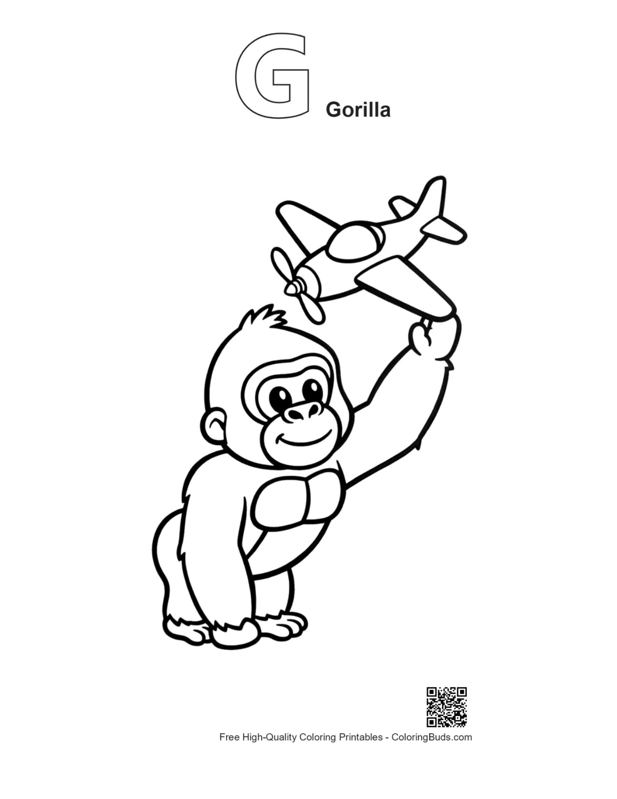 Cute gorilla outline alphabet G printable page