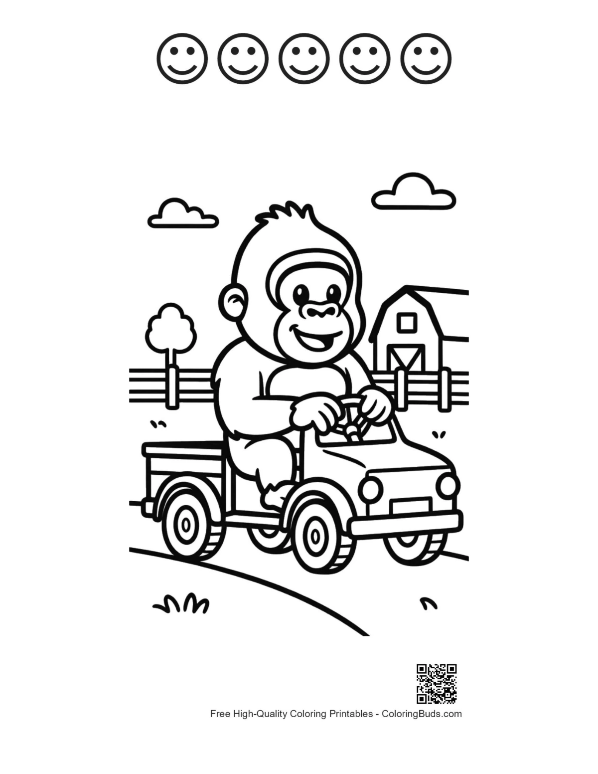 Gorilla with 5 happy face outlines kids printable