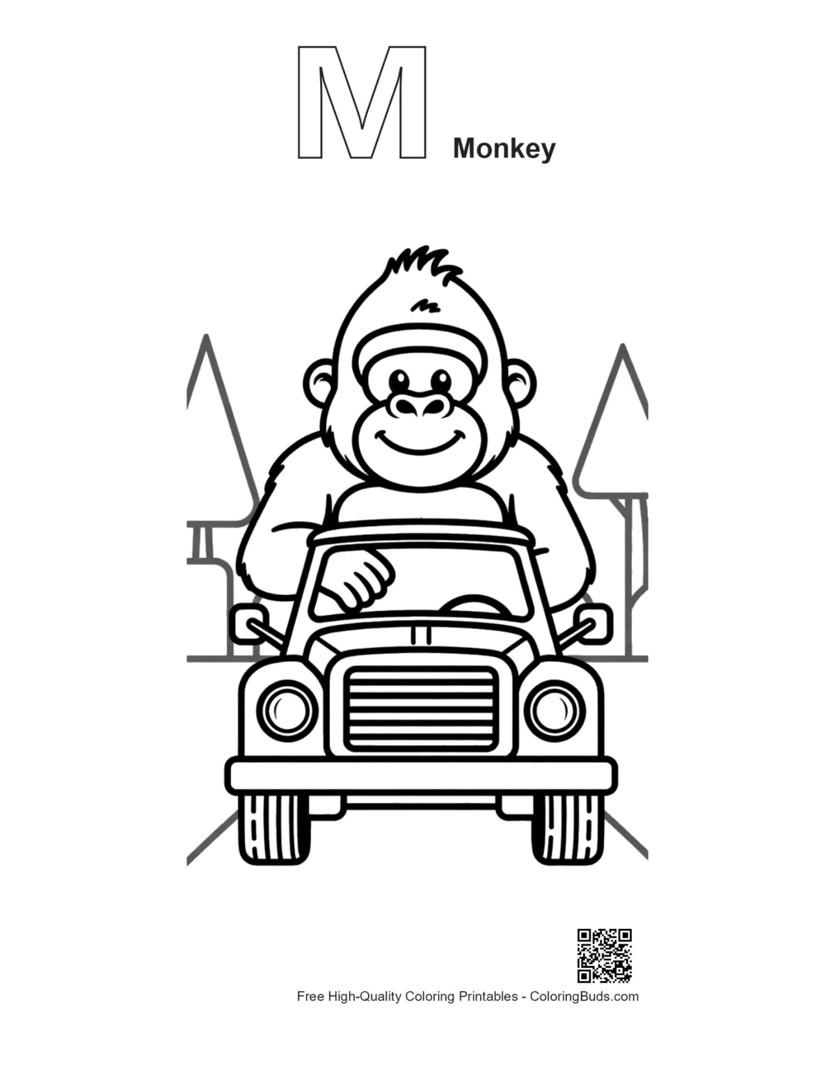 Gorilla coloring page with alphabet M monkey outline