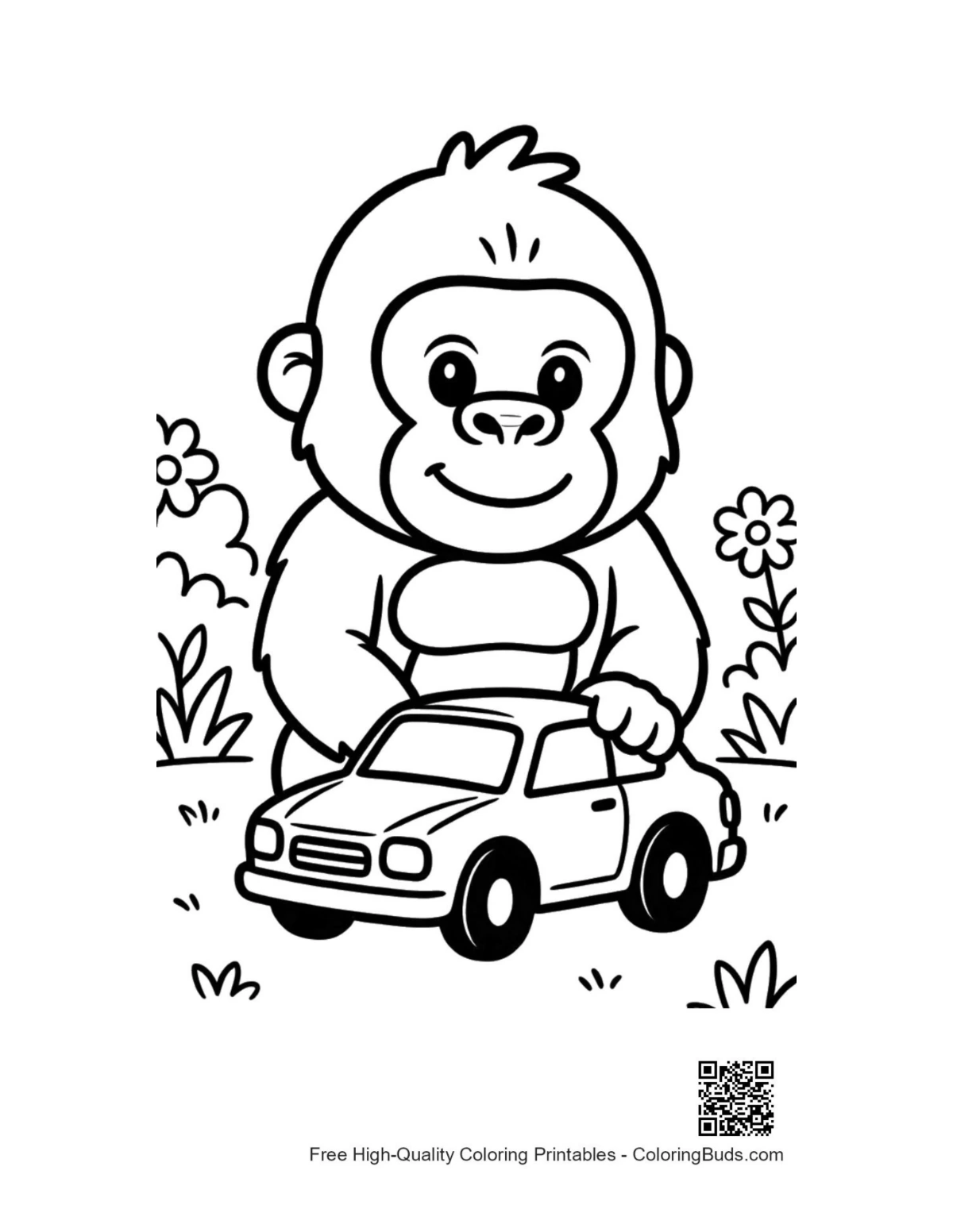 Funny baby gorilla playing with favorite car printable