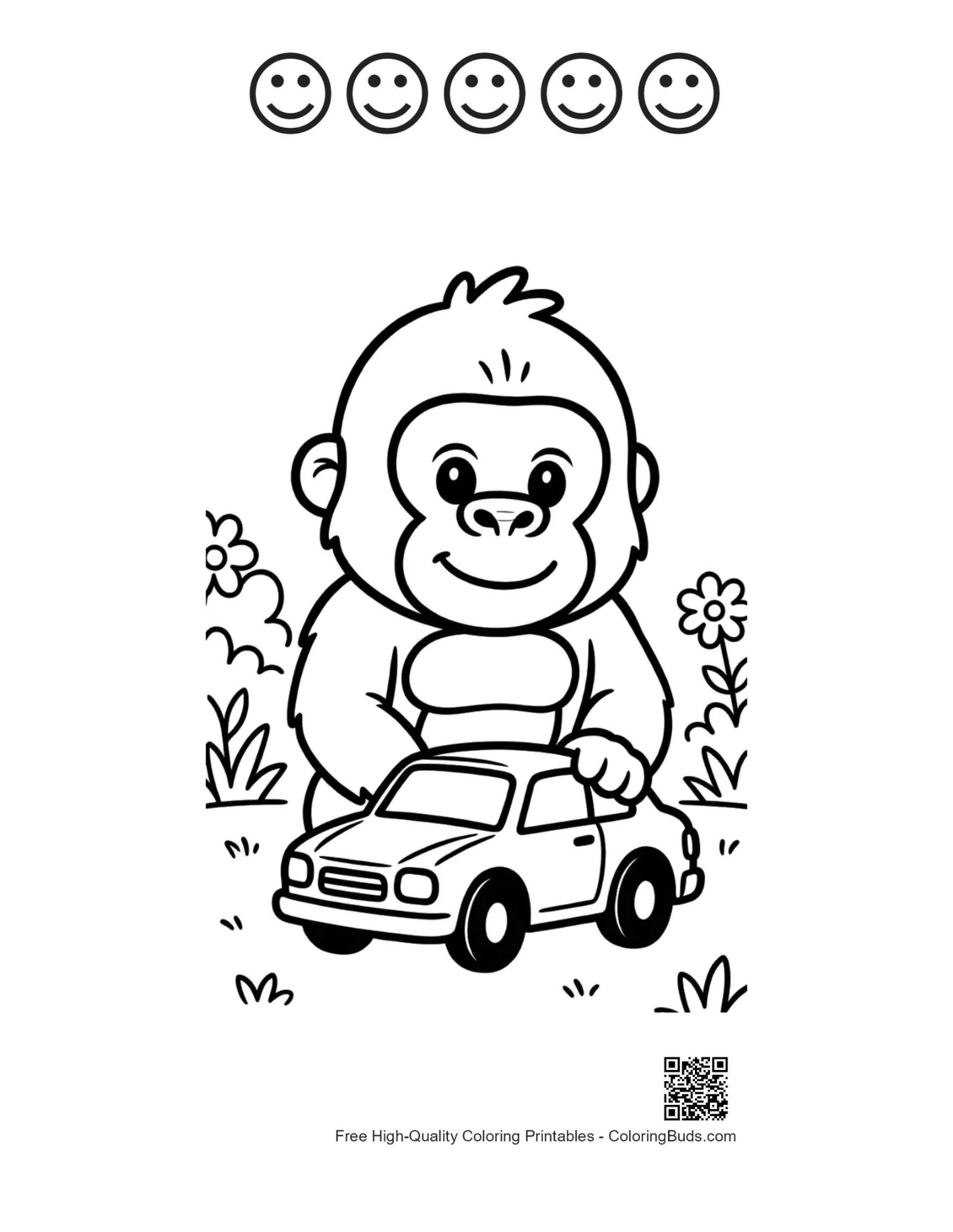 Baby gorilla with car and 5 happy faces outline printable