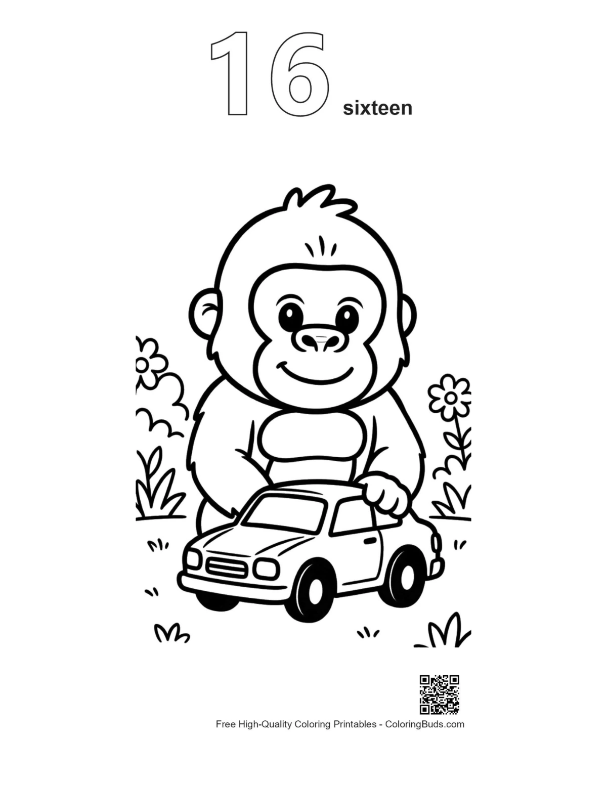 Baby gorilla car outline coloring page numbered 16