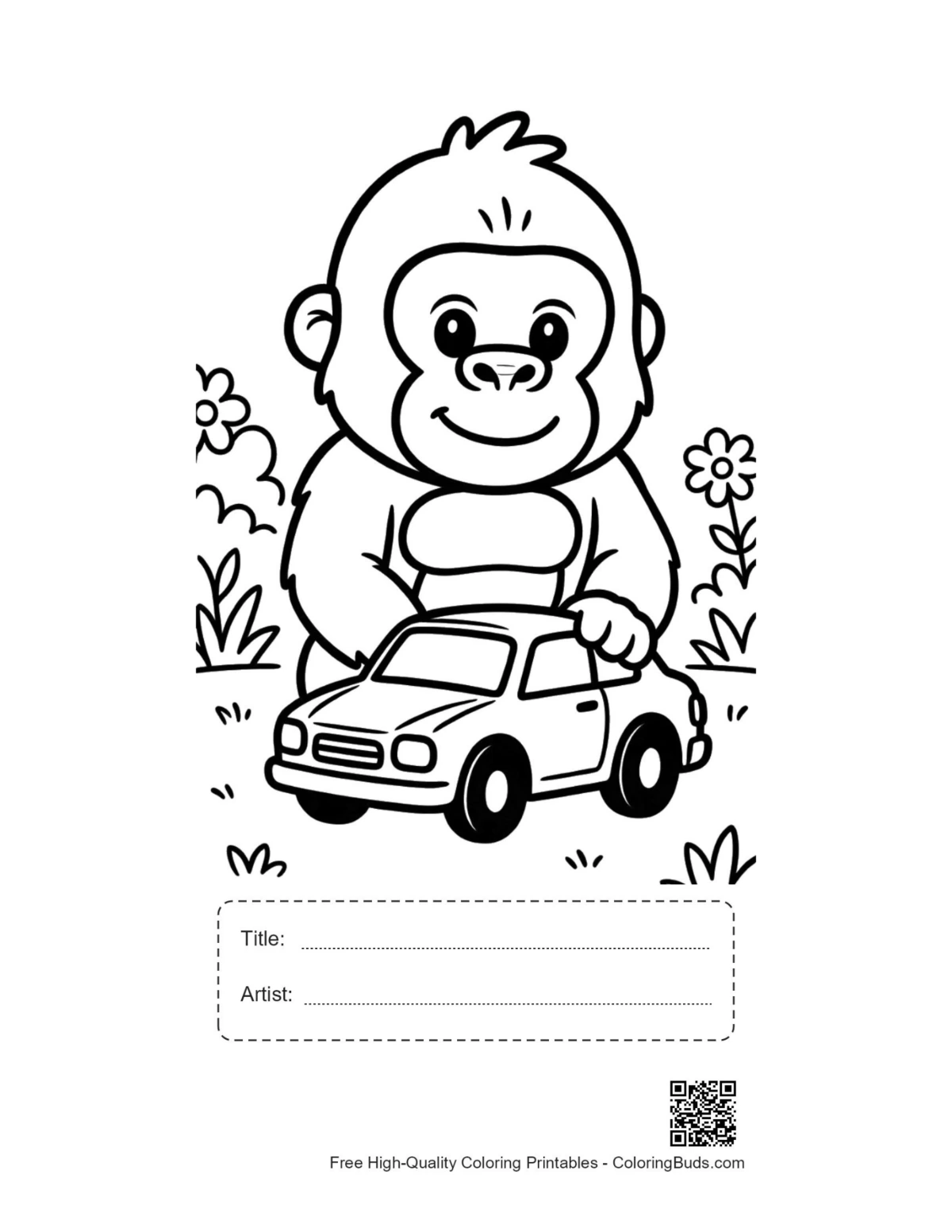 Baby gorilla with car printable including title artist box
