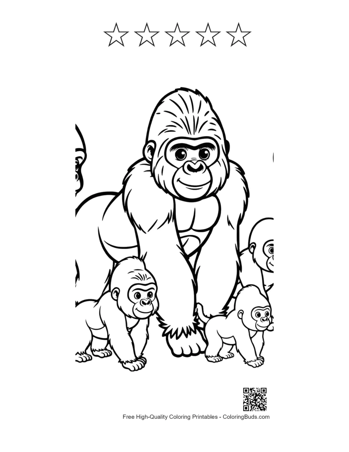 Gorilla family coloring page with 5-star outlines