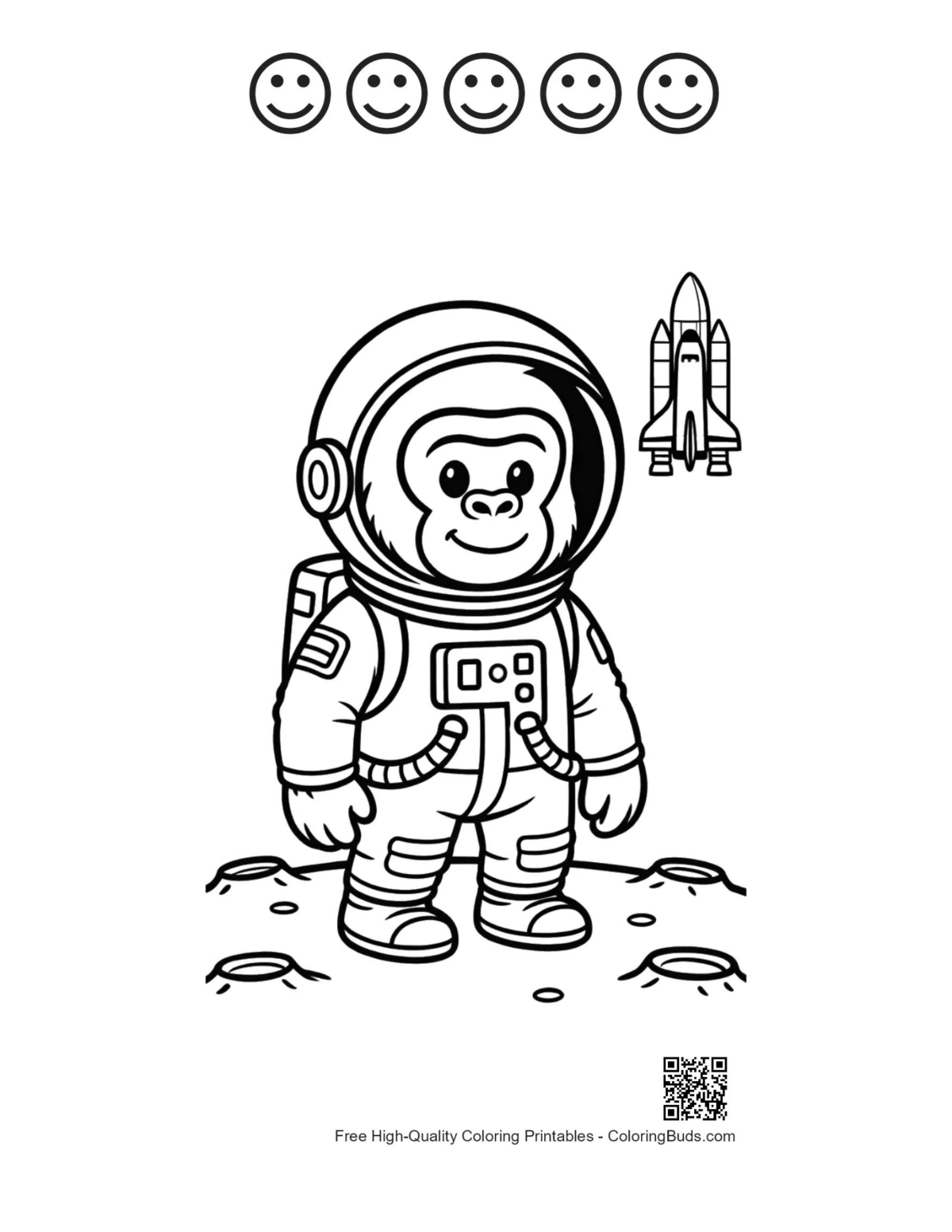 Gorilla and 5 happy faces outline printable
