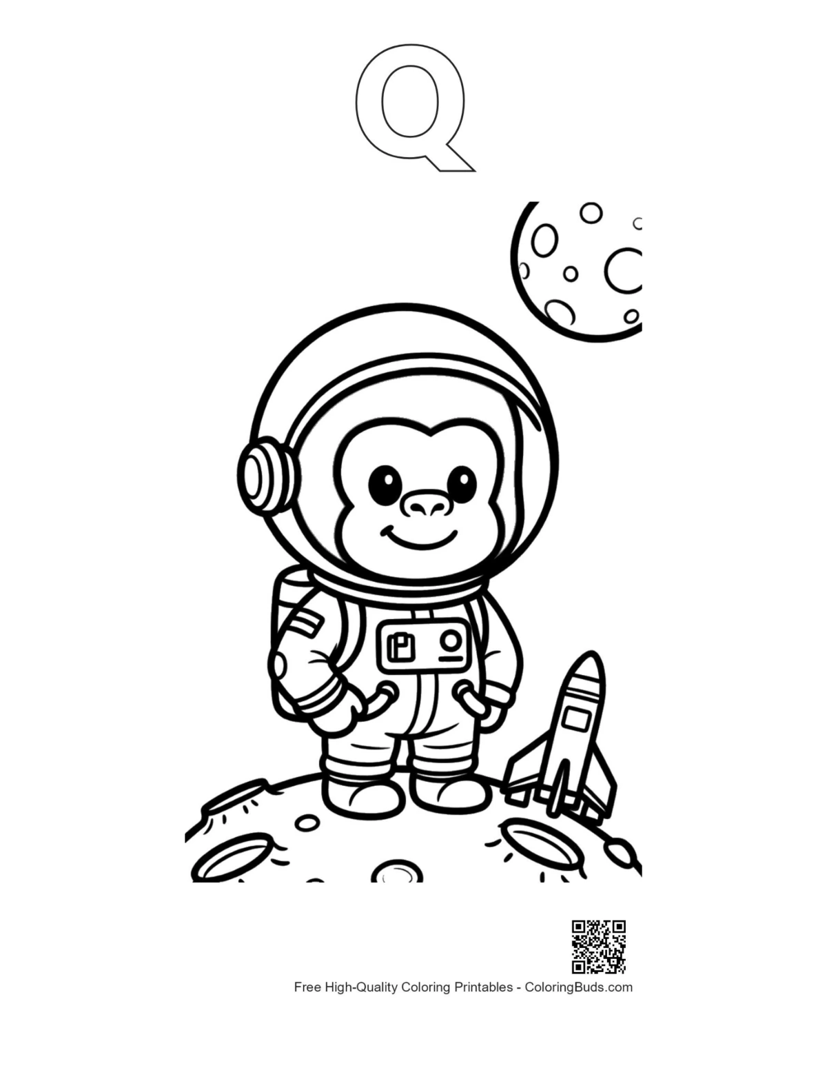 Baby gorilla astronaut galaxy printable with Q outline