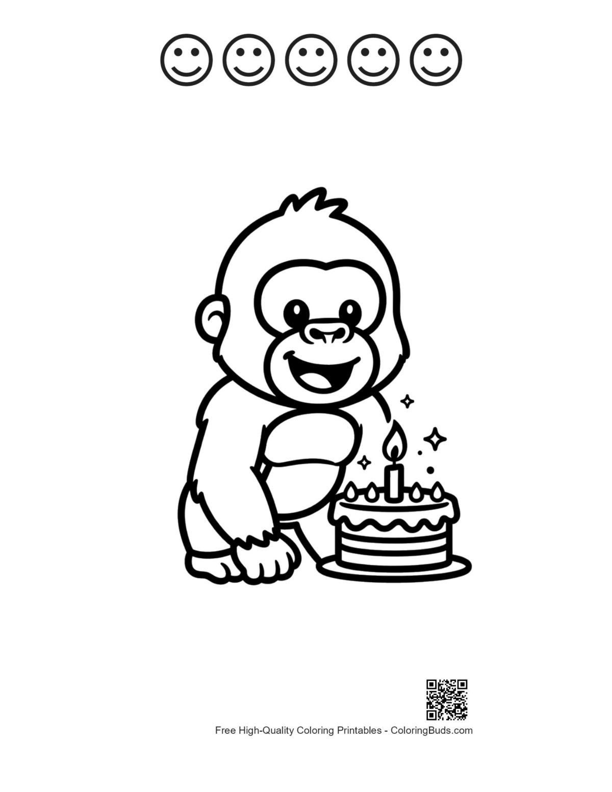 Happy gorilla cub printable with 5 face outlines