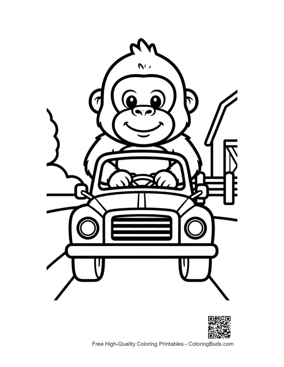 Little gorilla driving classic car printable coloring page