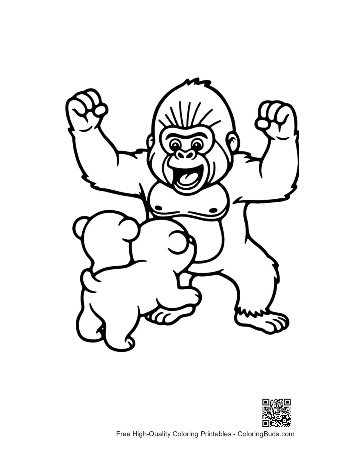 Playful gorilla flexing with bear cub