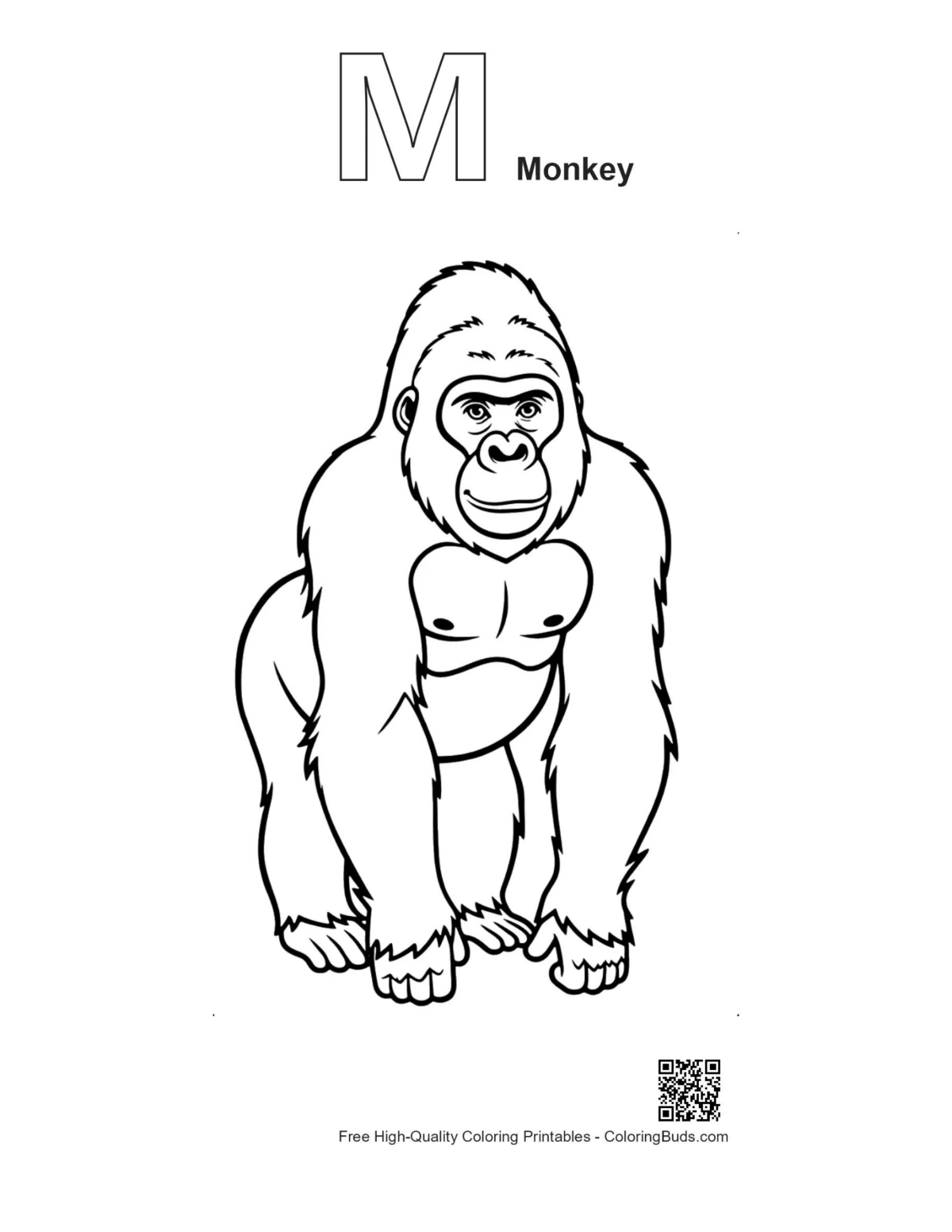 Gorilla outline printable with alphabet M monkey