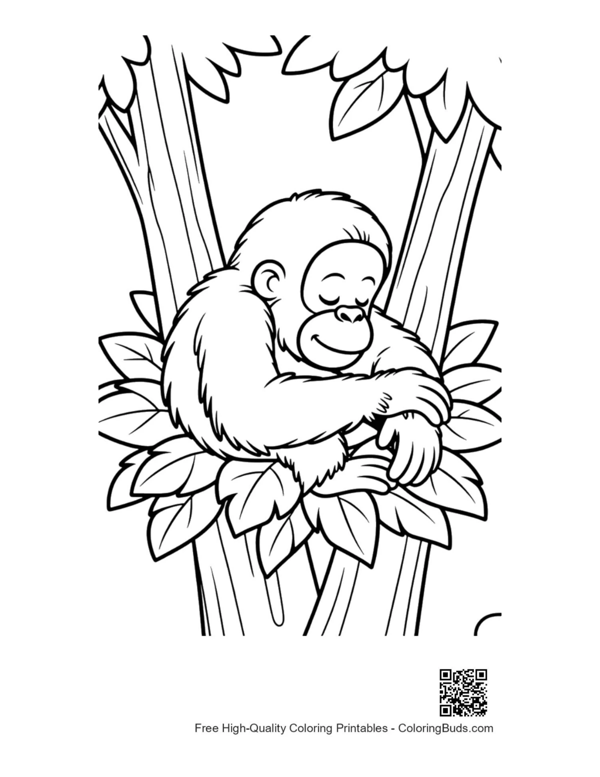 Calm baby orangutan sleeping in green leaves coloring page