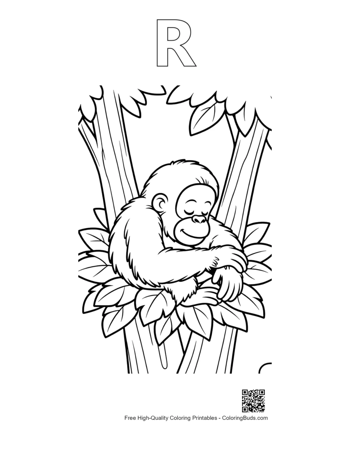 Baby orangutan sleeping printable outline with alphabet R