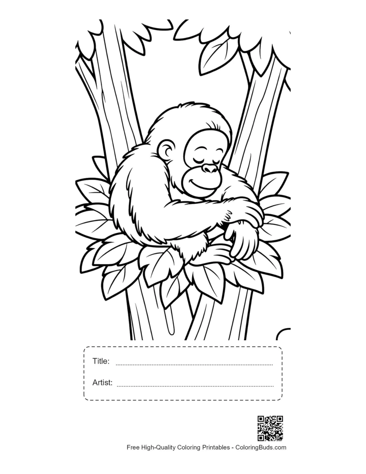 Calm baby orangutan printable with title artist box