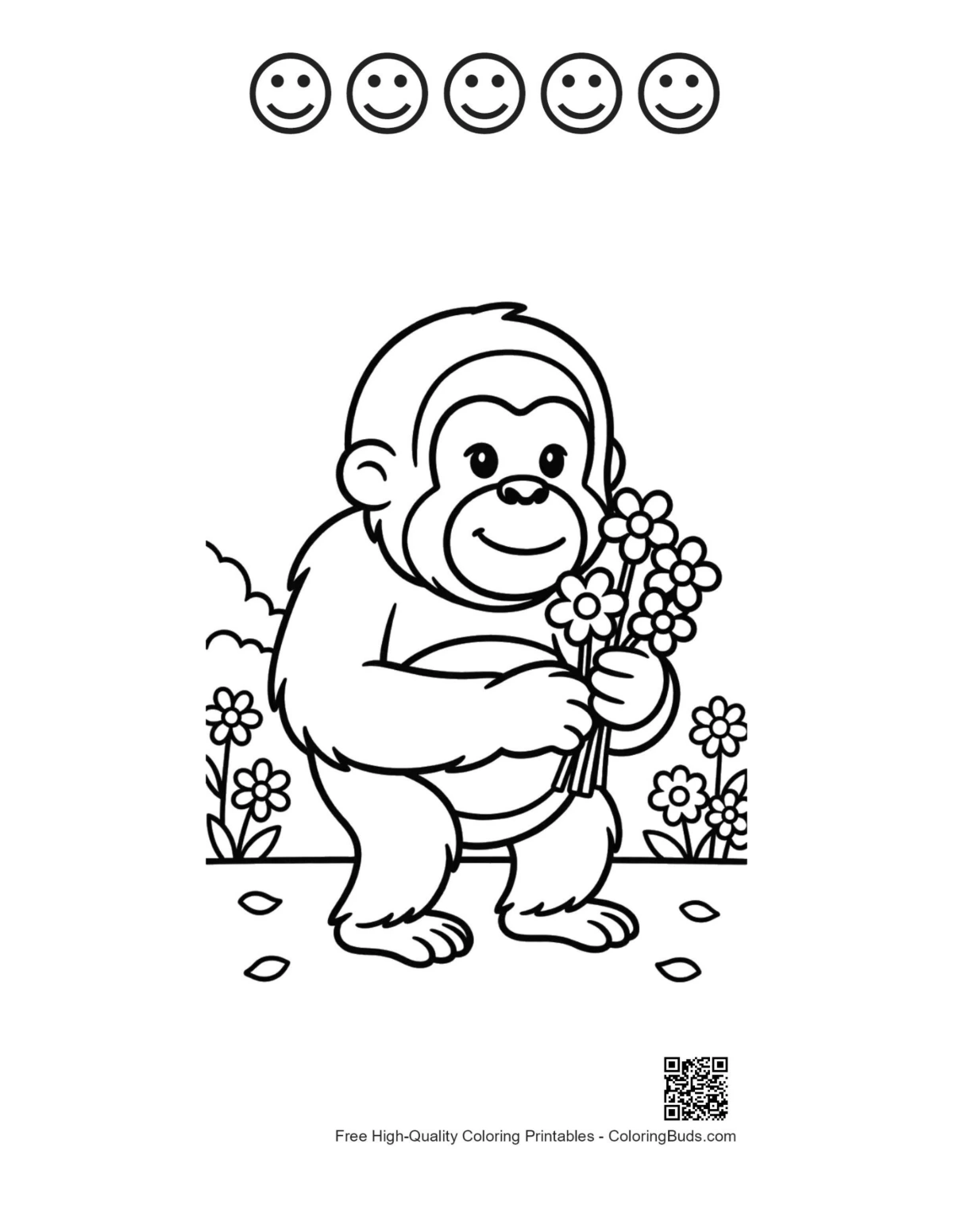 Cute orangutan flowers sheet with 5 happy faces