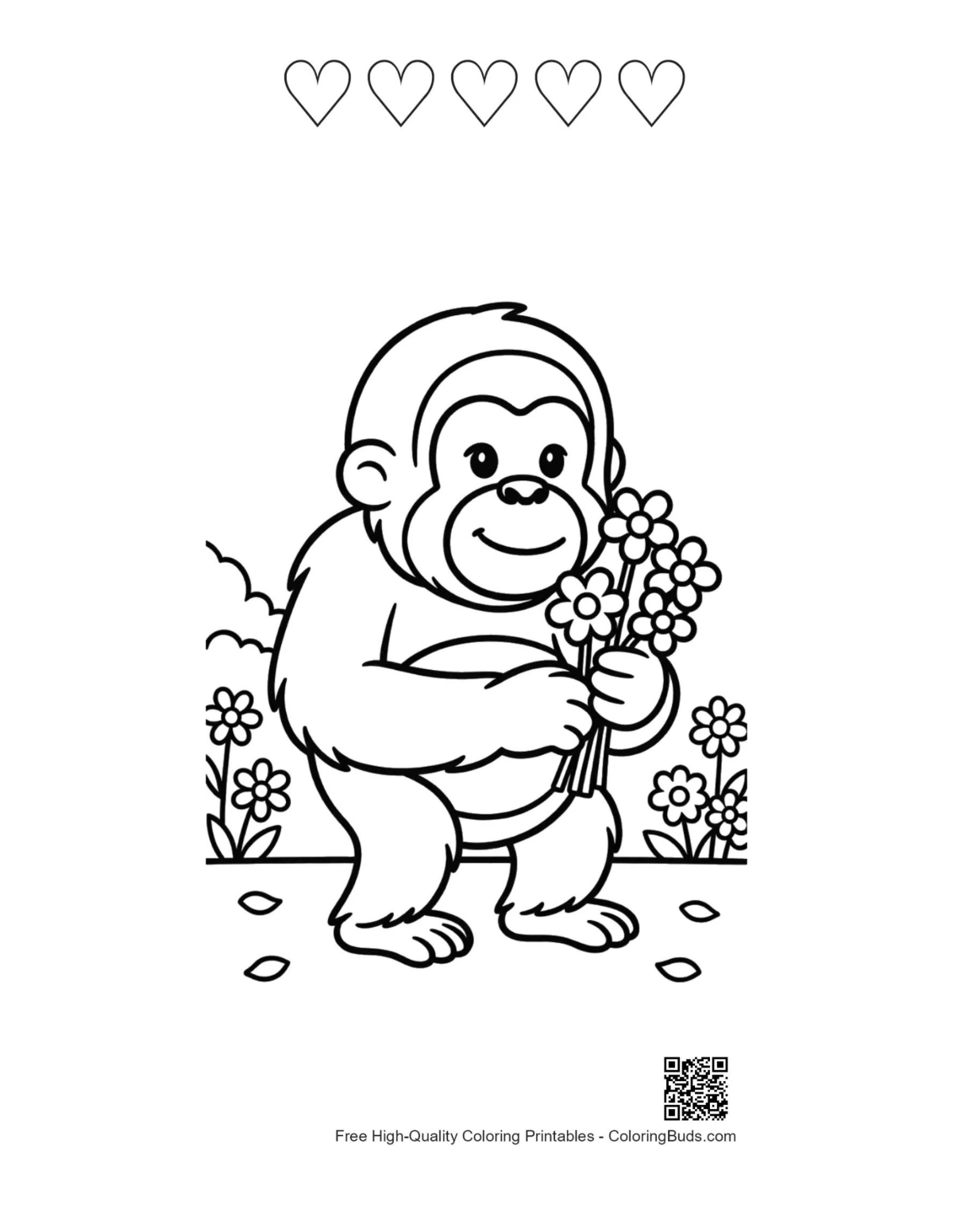 Orangutan coloring with flowers and 5 heart outlines