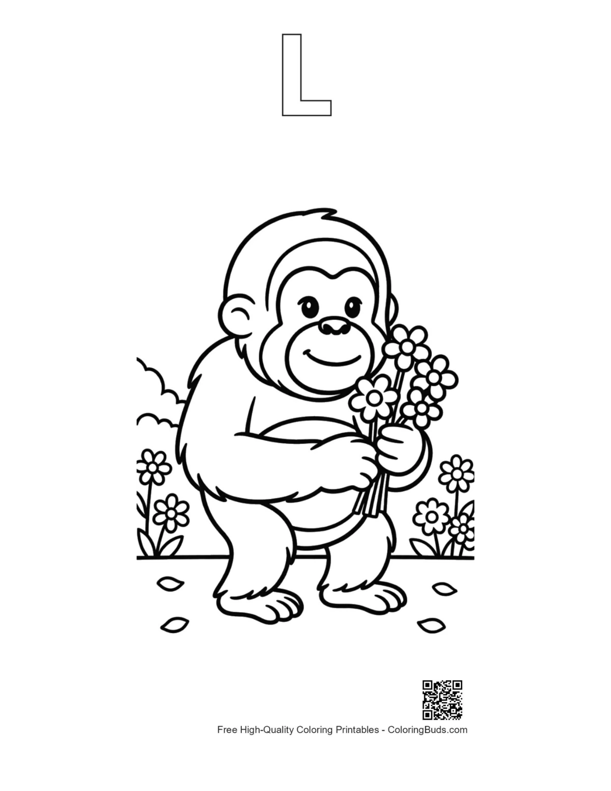 Orangutan coloring page outline alphabet L flowers