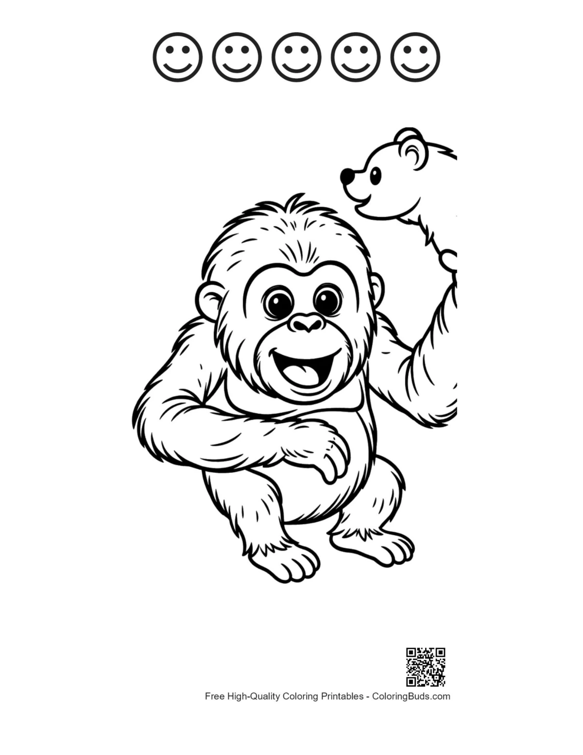 Printable cheerful orangutan with 5 happy face outlines