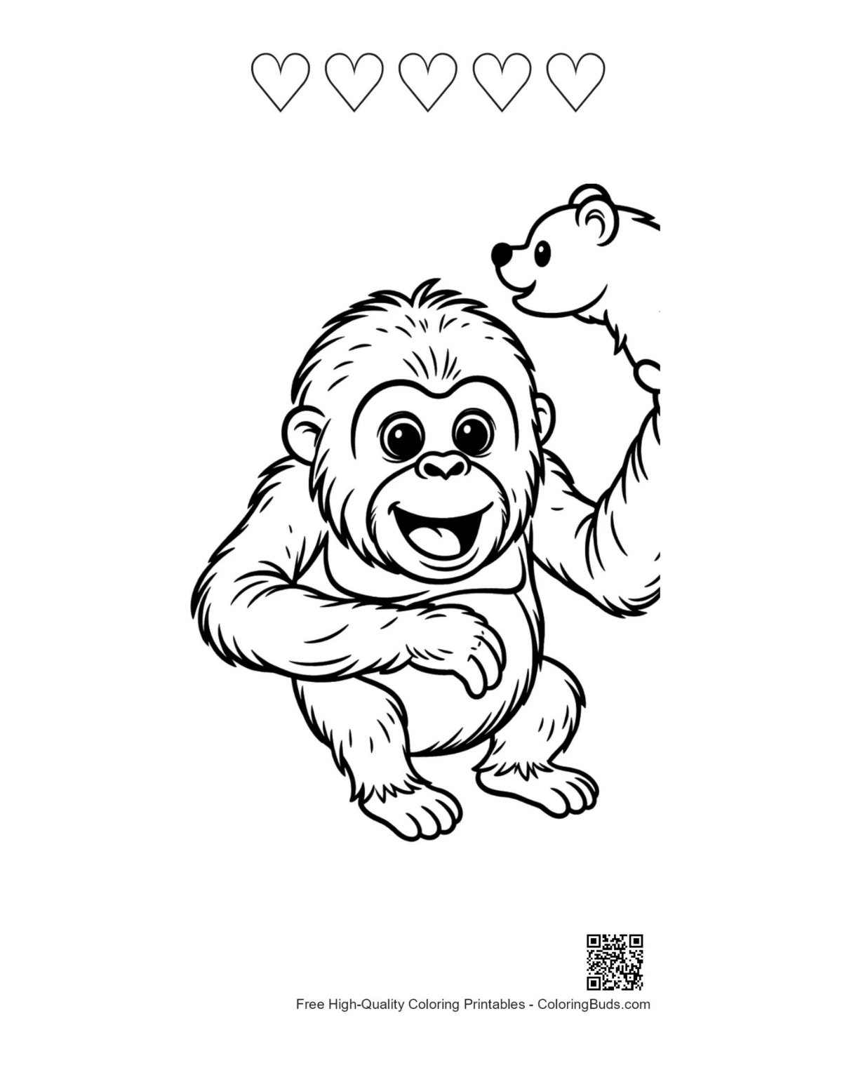 Cheerful orangutan printable with 5 heart outlines